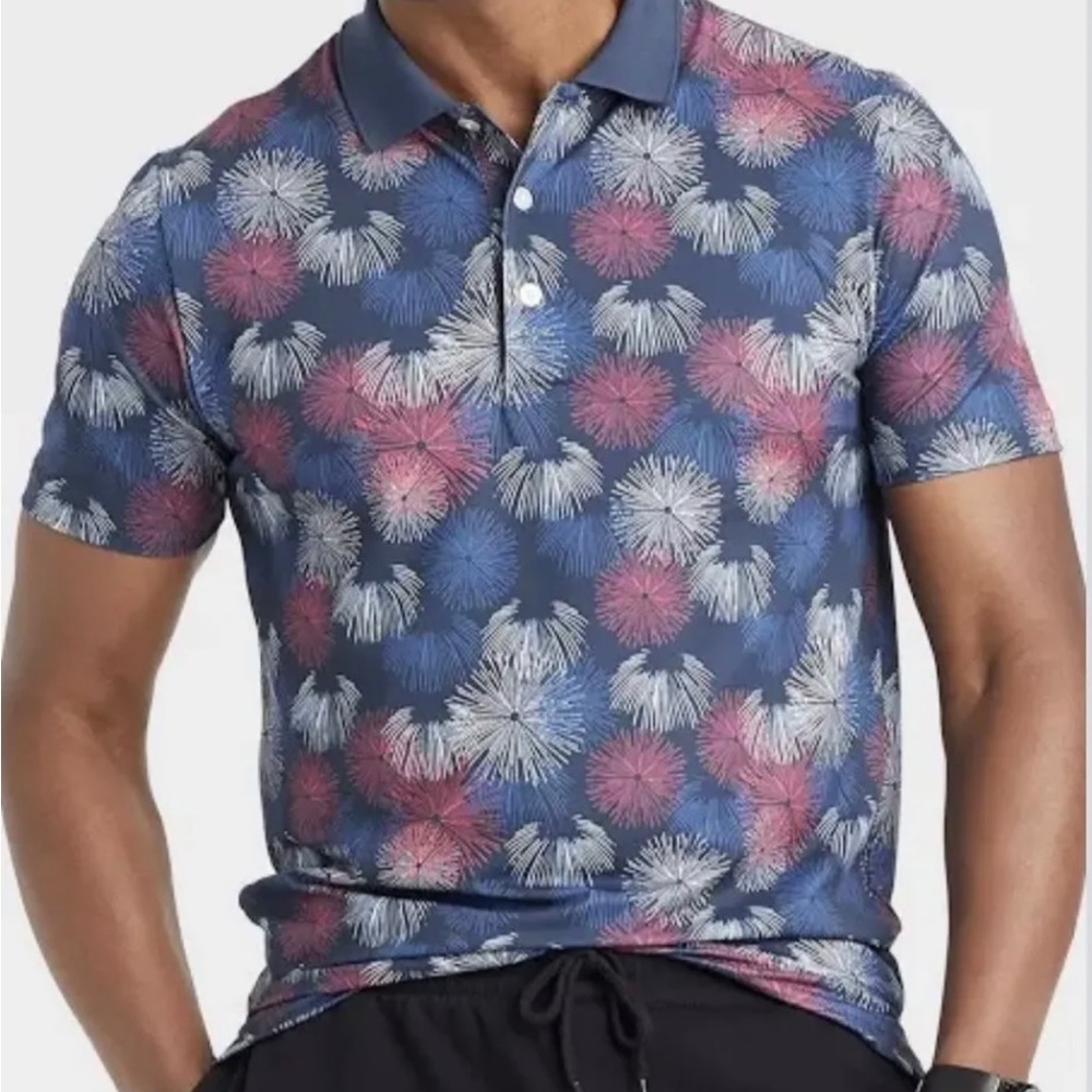 Men’s Festive Fireworks Woven Polo Shirt Goodfellow Blue Size XL